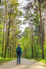 Fototapeta premium A girl in headphones and a backpack behind her back walks along the road in the park.