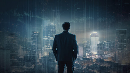 Young businessman looks out of the window in the big city in the evening Successful Finance Executive Project Planning Strategies. Generative AI.