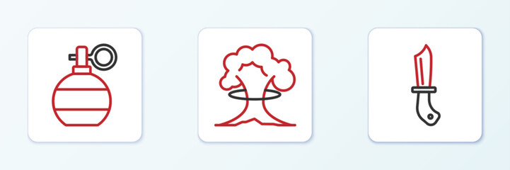 Set line Military knife, Hand grenade and Nuclear explosion icon. Vector