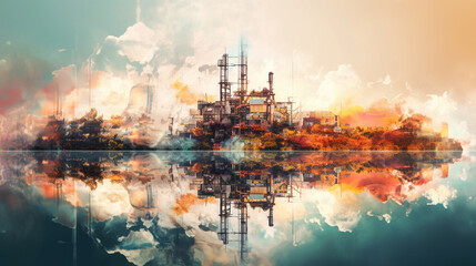 Obraz premium painting ideas Oil refinery at twilight - petrochemical industry.Future factory plant and energy industry devotion concept. Generative AI.