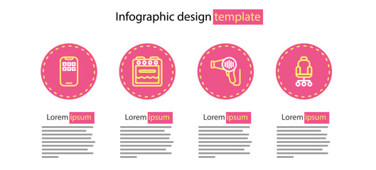 Set line Hair dryer, Office chair, Oven and Mobile Apps icon. Vector