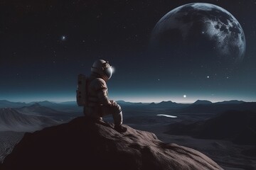 Fototapeta na wymiar Astronaut sitting on planet at sunset. Generate Ai