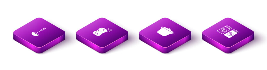 Set Isometric Kitchen ladle, Sponge with bubbles, Cooking pot and Salt and pepper icon. Vector