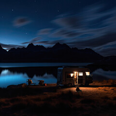 Image of a motor home parked in front of a high mountain lake at night with stunning views of the mountains and the Milky Way.