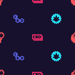 Set Marijuana or cannabis leaf, Cannabis molecule, and Head with marijuana on seamless pattern. Vector