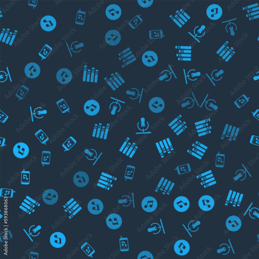 Poster set music note, tone, equalizer, microphone and player on seamless pattern. vector