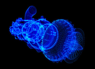 Obraz premium Gas turbine engine. Blue particle and lines form 3d model