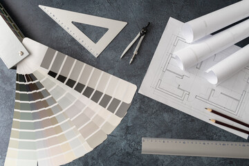 Home floor plans or building blueprint project and open color palette guide catalog with colour...