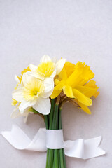 Bouquet of beautiful daffodils of different types on a gray background background.