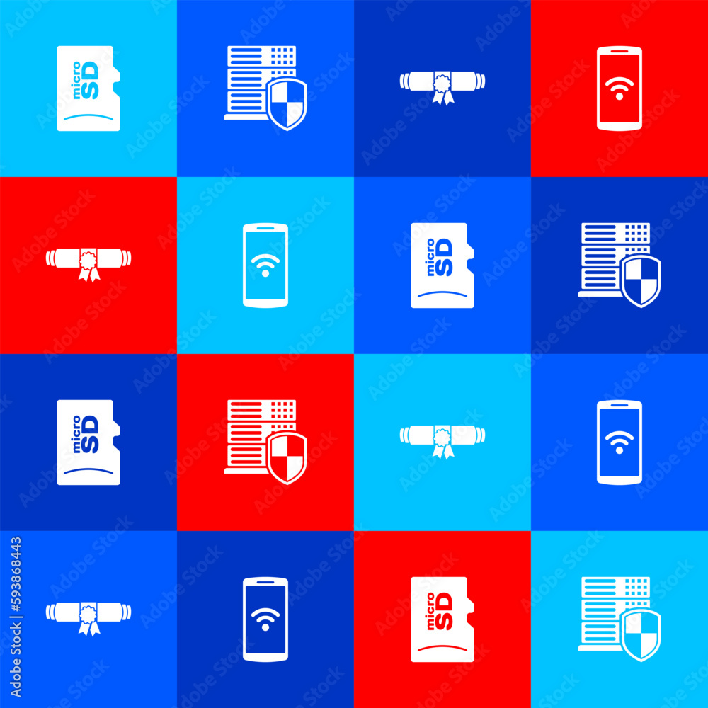 Poster set micro sd memory card, server with shield, diploma rolled scroll and smartphone wireless icon. ve