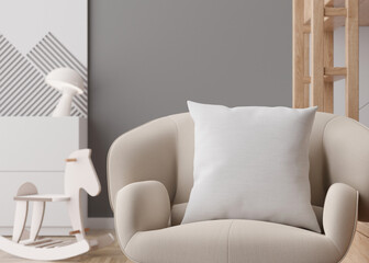White square pillow in kids room. Blank cushion case template for your graphic design presentation. Pillow cover mock up for print, pattern, personalized illustration. Close-up. 3D rendering.