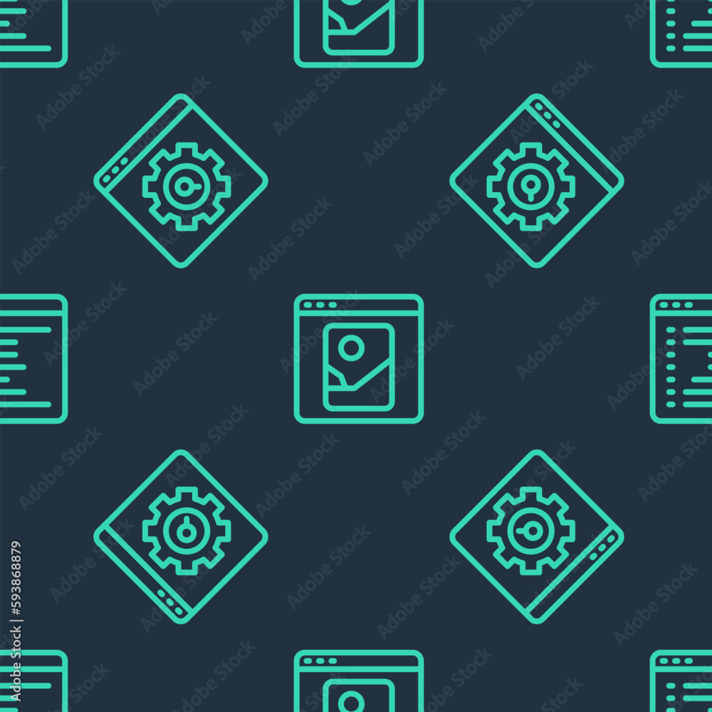 Poster set line photo retouching, browser setting and window on seamless pattern. vector