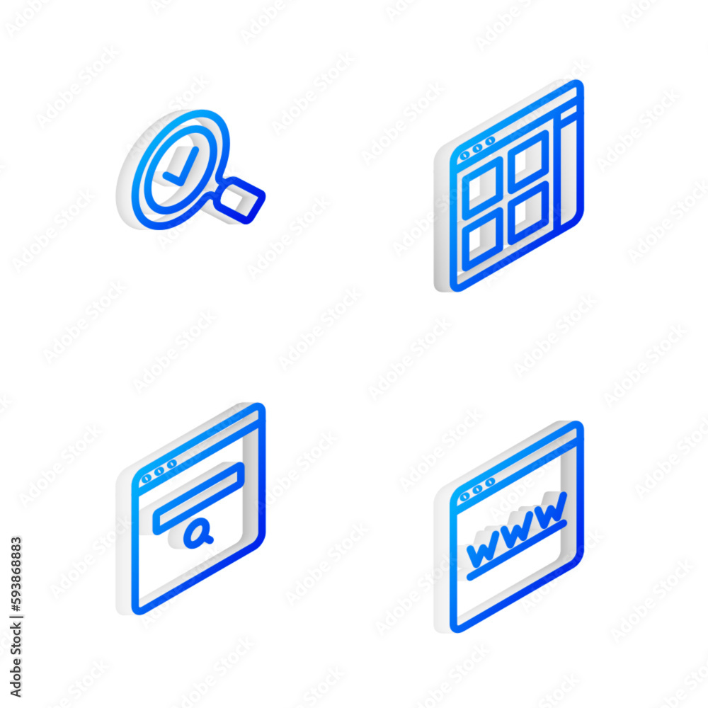 Aufkleber set isometric line browser files, magnifying glass with check mark, search engine and window icon. v