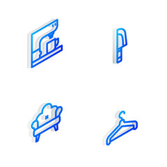 Set Isometric line Knife, Coffee machine, Sofa and Hanger wardrobe icon. Vector