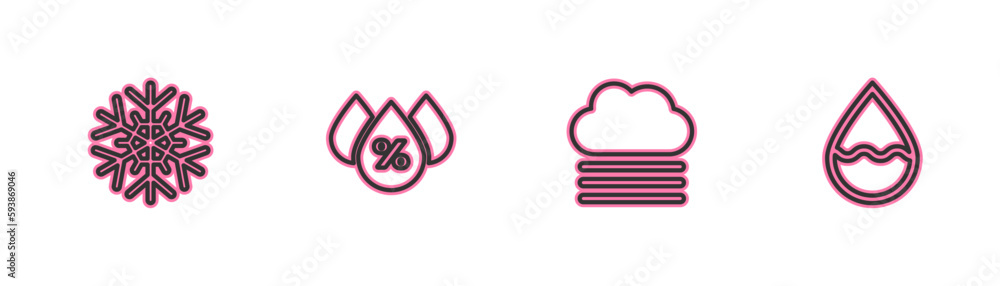 Poster set line snowflake, fog and cloud, water drop percentage and icon. vector