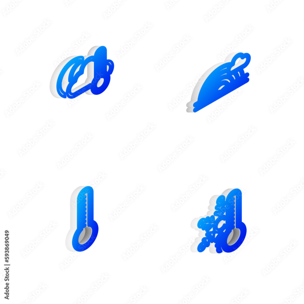 Poster set isometric line rainbow with cloud, thermometer and cloud, moon, meteorology thermometer and snow