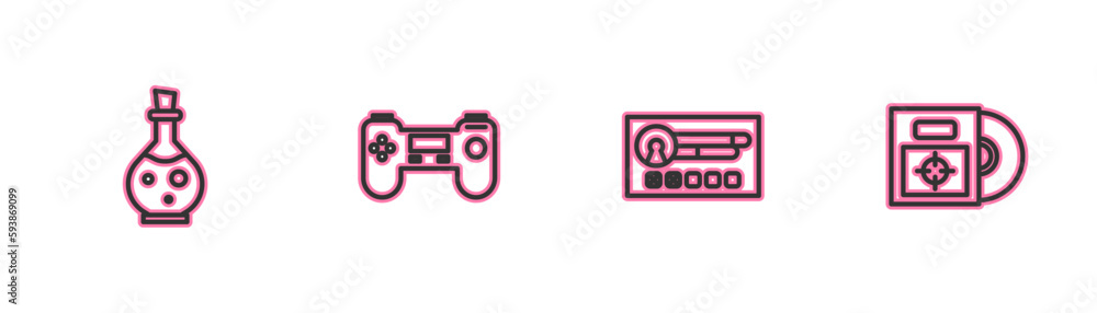 Poster set line bottle with magic elixir, create account screen, gamepad and cd or dvd disk in box icon. ve