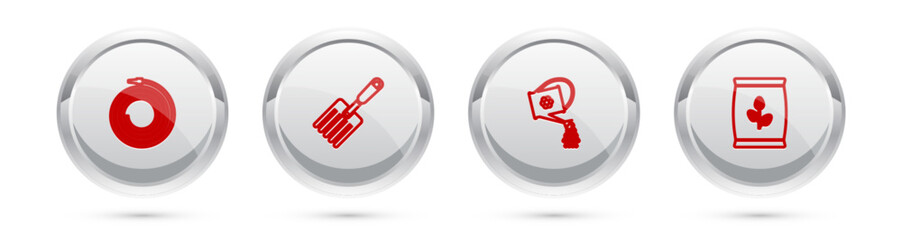 Set line Garden hose or fire hose, fork, Watering can and Fertilizer bag. Silver circle button. Vector