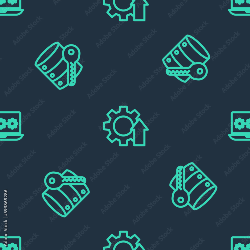 Poster set line arrow growth gear, server security with key and laptop password on seamless pattern. vector