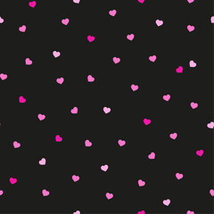 Seamless pattern with pink hearts on black background. Valentine's day. Vector texture.