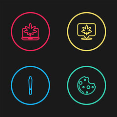 Set line Marijuana joint, Cookies with marijuana, Location and cannabis and Laptop or icon. Vector