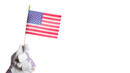 Hand in protective glove holding us flag labor day transparent background