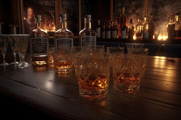 Whiskey bottle and glasses on the table with the night indoor background. Generative AI.