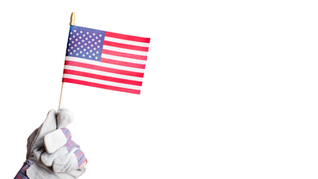 Hand in protective glove holding us flag labor day transparent background