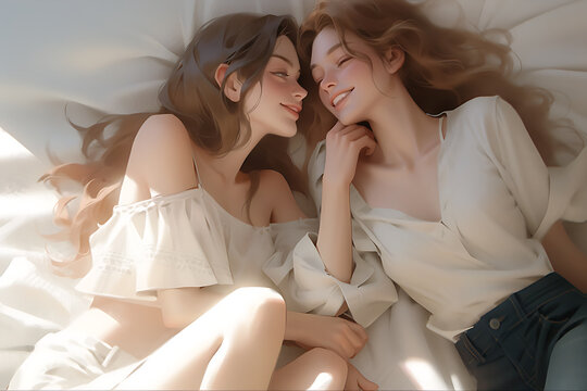  3D concept of a young lesbians couple wearing gorgeous and stylish clothes, looking at each other, lying on the bed and kissing each other in a sunny afternoon, playful happiness time, generative ai