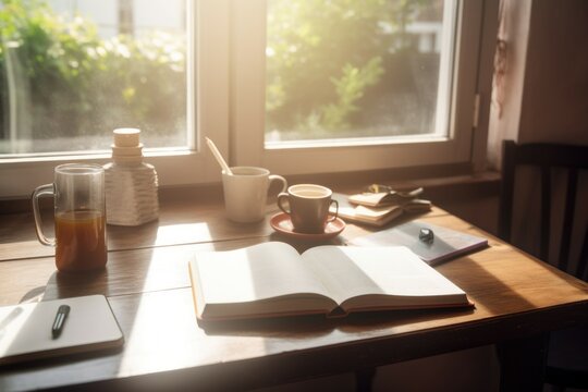 Book with coffee near window. Generate Ai