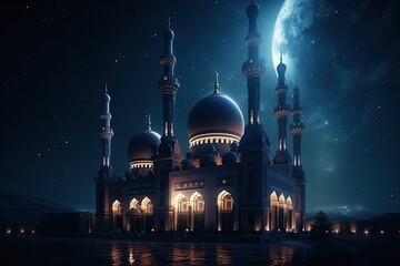 Night view of the mosque. Generative AI.