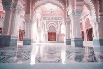 Pink color fantasy mosque under blue sky. Generative AI.