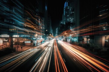 Fototapeta na wymiar Traffic with speed light line at night. Generative AI.
