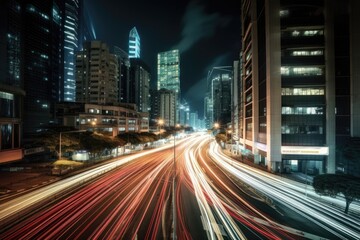 Fototapeta na wymiar Traffic with speed light line at night. Generative AI.