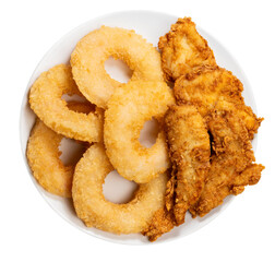 Fried shrimp donut and Crispy Fried Chicken Breast Cutlets in white plate isolated on white background, Fried Chicken and shrimp donut on white PNG File.