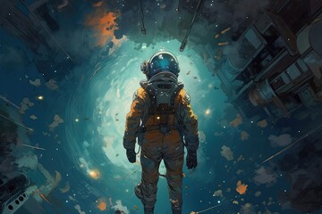 Fototapeta premium Astronaut flying at the beautiful space and looking toward the space. Generative AI.