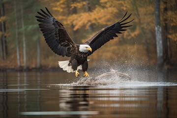 Naklejka premium Bald eagle in flight catching fish in the river. Generative AI.