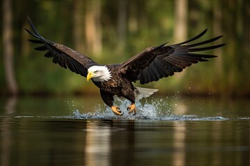 Obraz premium Bald eagle in flight catching fish in the river. Generative AI.