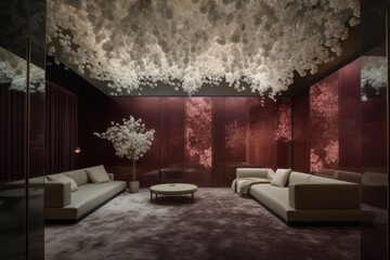 Interior of a spa lounge with flowers. Generative AI.