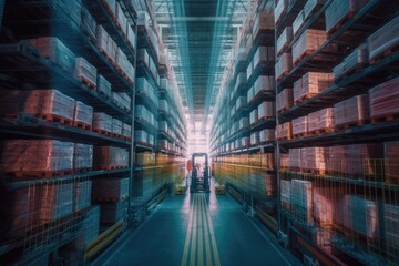Full parcels at the racks in the warehouse. Generative AI.