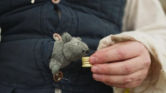 Male hand gives lid with elixir to cute toy mouse. Small animal sits in owner vest. Village squire has fun giving pet enchanting liquid closeup