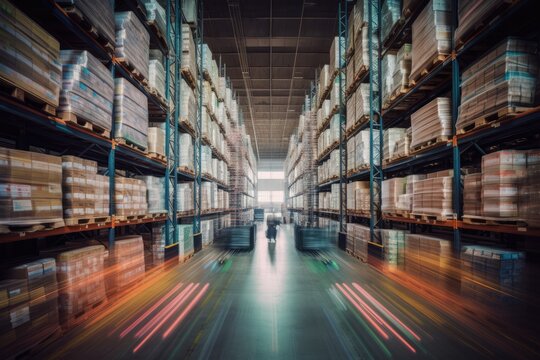 Full parcels at the racks in the warehouse. Generative AI.
