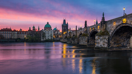 Colourful dawn at the Charles Bridge in Prague. 