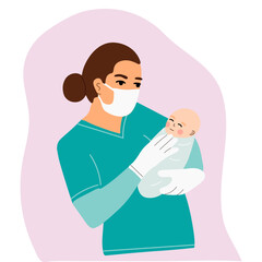 A smiling female doctor holds a newborn baby in her arms. Vector illustration in cartoon style, isolated on white background.