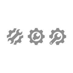 Gear with spanner or wrench filled vector icon set. Setup, settings glyph icons.