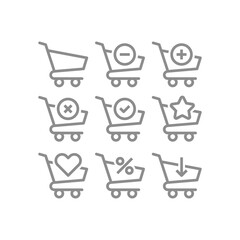 Shopping cart with checkmark, arrows line icon set. Add to cart with star and heart, plus and minus sign outlined icons.