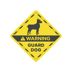Beware dog yellow vector sign. Warning and caution guard dog label.