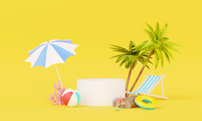 Summer vacation beach abstract background concept, Minimal Realistic Display Podium for Product mock-up or Cosmetics with summer theme, beach umbrella, sand, chairs, inflatable ring. 3d rendering