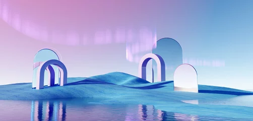 Abwaschbare Fototapete Lila 3d render Surreal pastel landscape background with geometric shapes, abstract fantastic desert dune in seasoning landscape with arches, panoramic, futuristic scene with copy space, blue sky and cloudy