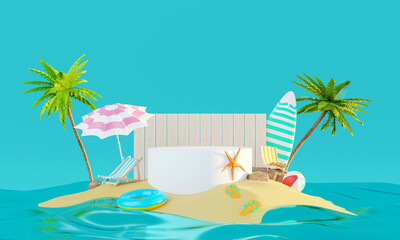 Summer vacation beach abstract background concept, Minimal Realistic Display Podium for Product mock-up or Cosmetics with summer theme, beach umbrella, sand, chairs, inflatable ring. 3d rendering